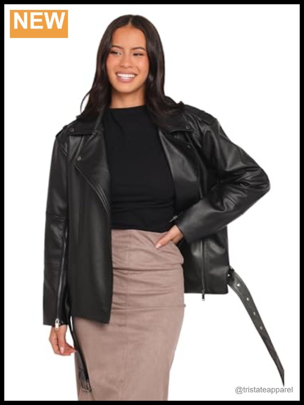 Oversized Faux Leather Moto Jacket | Spread Collar Zip Front